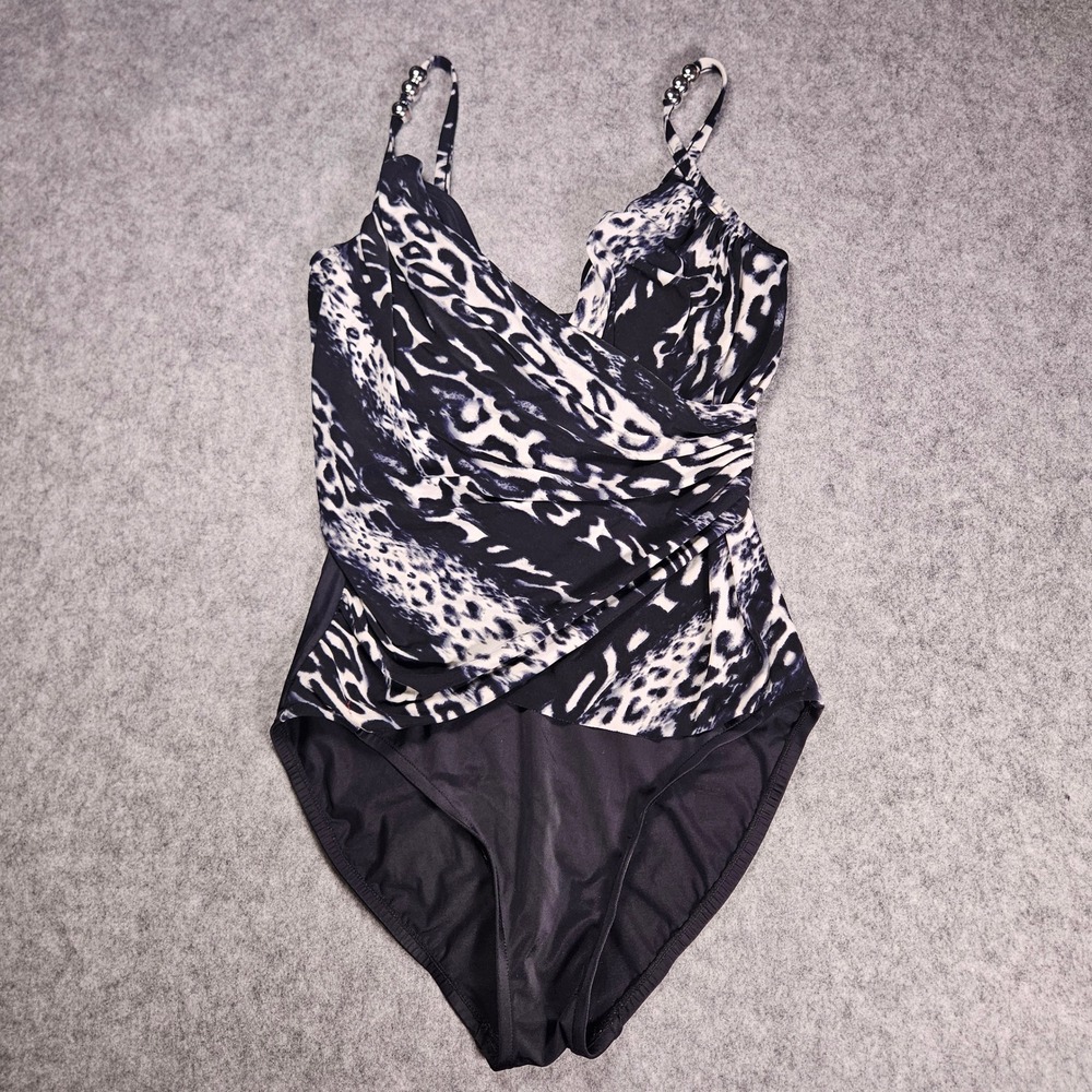 Magicsuit Deep Louise One Piece Swimsuit Ruched Beaded Strap Vacation Sz US 8